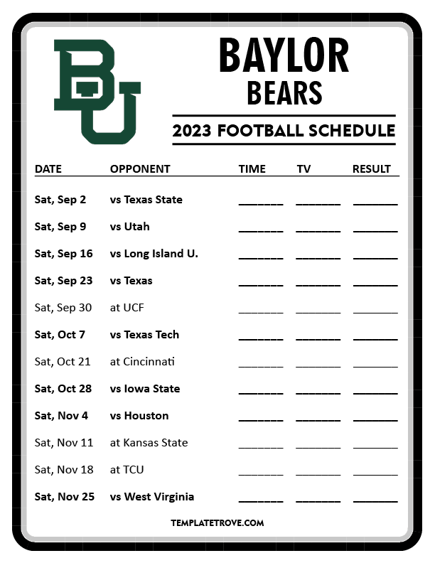 Printable 2023 Baylor Bears Football Schedule