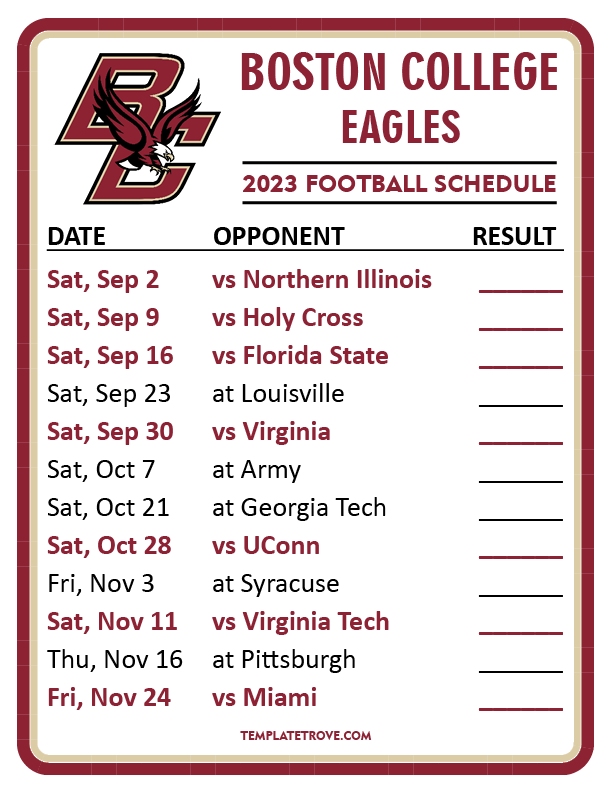 Printable 2023 Boston College Eagles Football Schedule