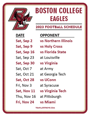 Boston College Eagles Football 2023 Printable Schedule