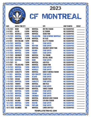 CF Montreal 2023 Printable Soccer Schedule
