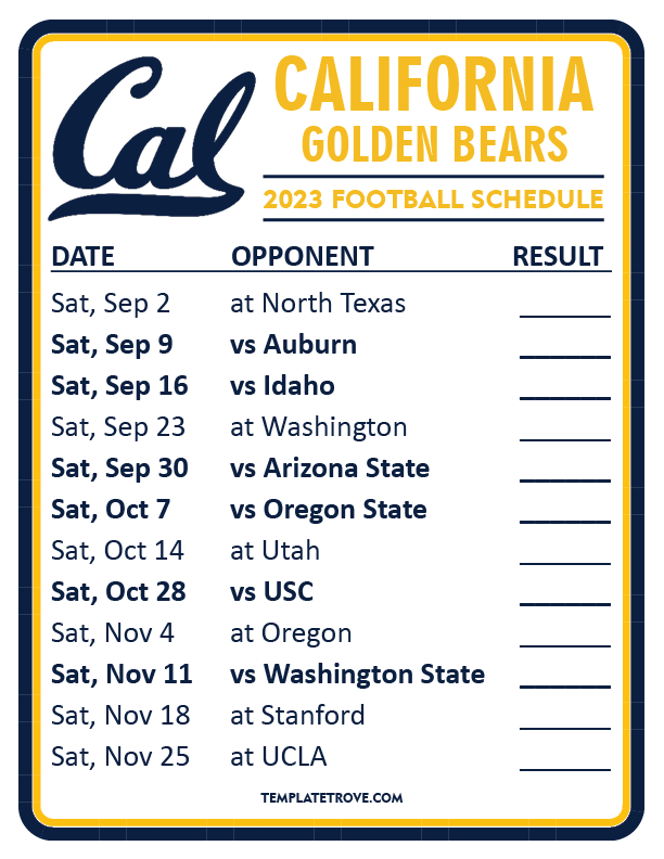 Printable 2023 California Golden Bears Football Schedule