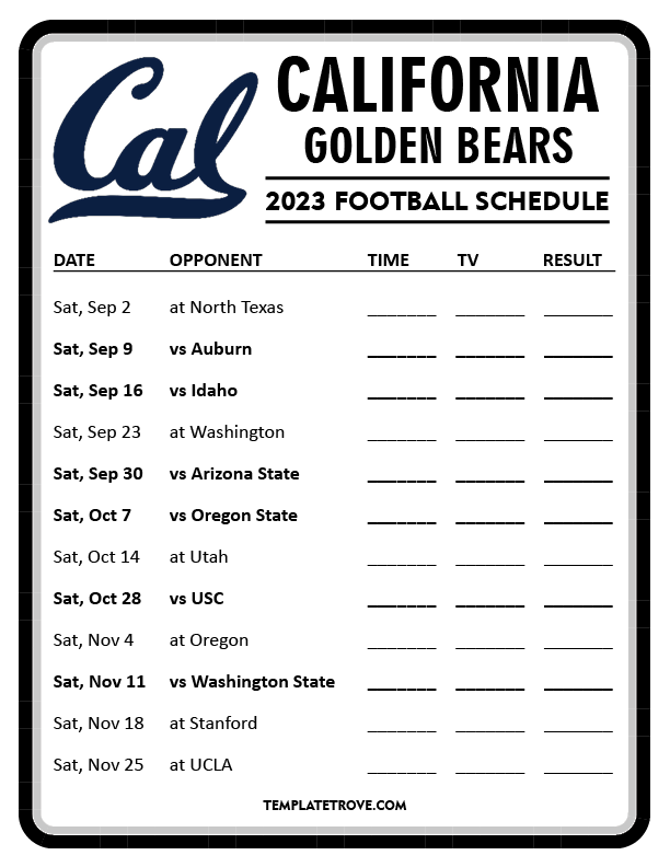 Printable 2023 California Golden Bears Football Schedule