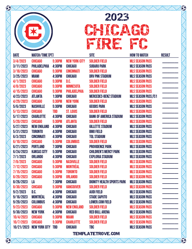 Printable2023 Chicago Fire FC Soccer Schedule