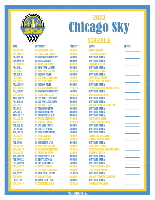 Printable 2023 Chicago Sky Basketball Schedule PT 