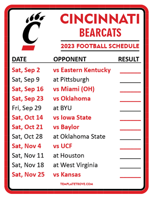 Cincinnati Bearcats Football 2023 Printable Schedule  - Style 2
