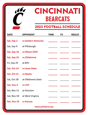 Cincinnati Bearcats Football 2023 Printable Schedule - Style 3
