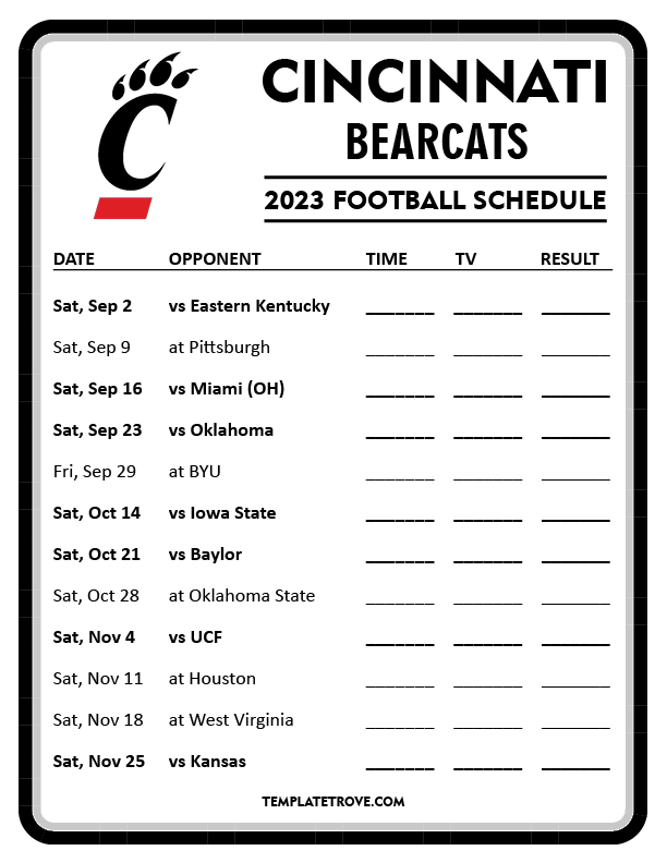 Printable 2023 Cincinnati Bearcats Football Schedule