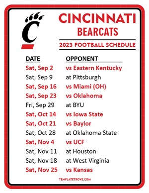 Cincinnati Bearcats Football 2023 Printable Schedule