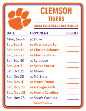 Clemson Tigers Football 2023 Printable Schedule  - Style 2