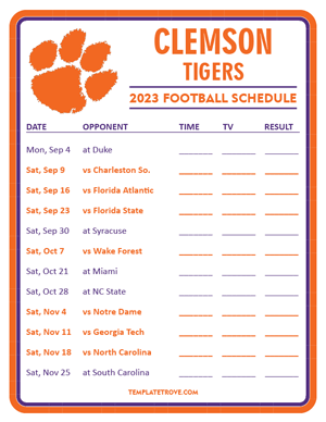 Clemson Tigers Football 2023 Printable Schedule - Style 3