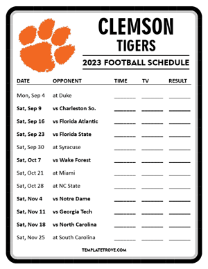 Clemson Tigers Football 2023 Printable Schedule - Style 4
