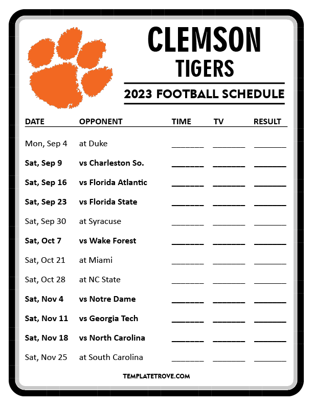 Printable 2023 Clemson Tigers Football Schedule