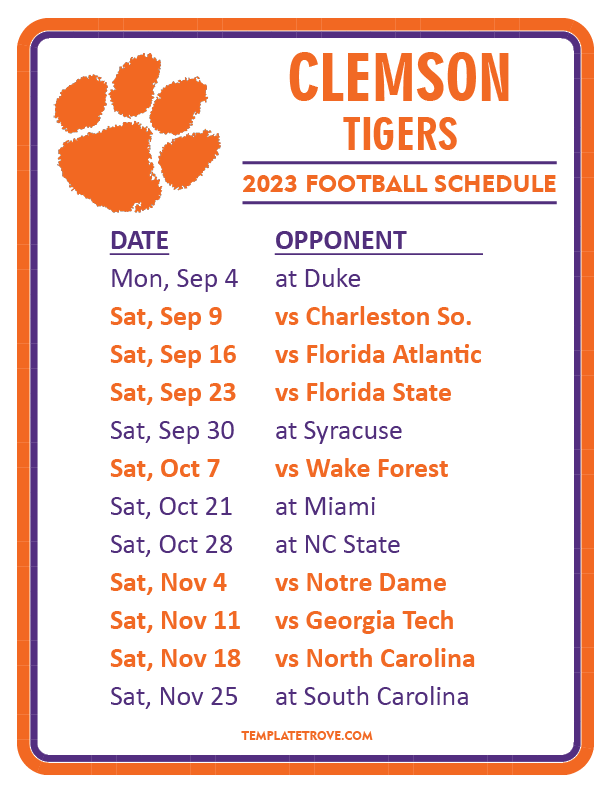 Printable 2023 Clemson Tigers Football Schedule