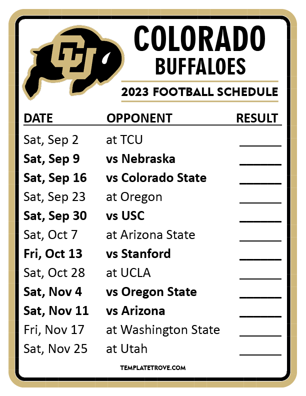 Printable 2023 Colorado Buffaloes Football Schedule