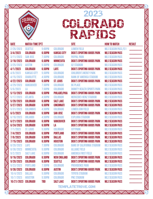 Printable2023 Colorado Rapids Soccer Schedule