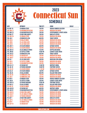 Connecticut Sun 2023 Printable Basketball Schedule