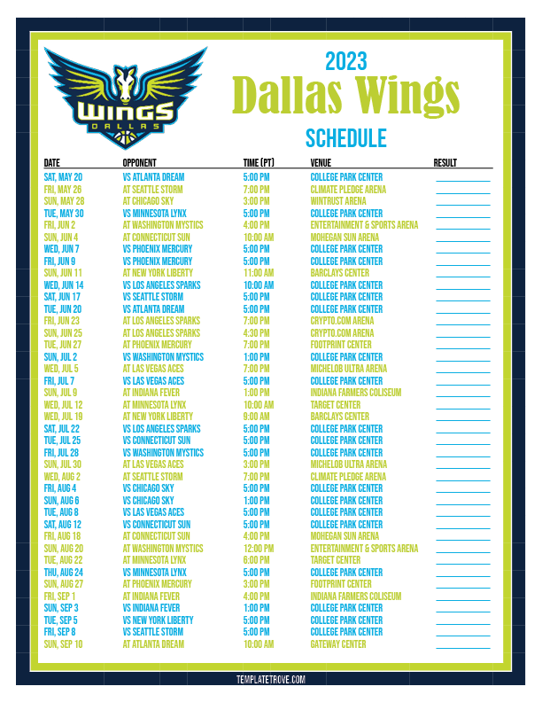 Printable 2023 Dallas Wings Basketball Schedule PT 