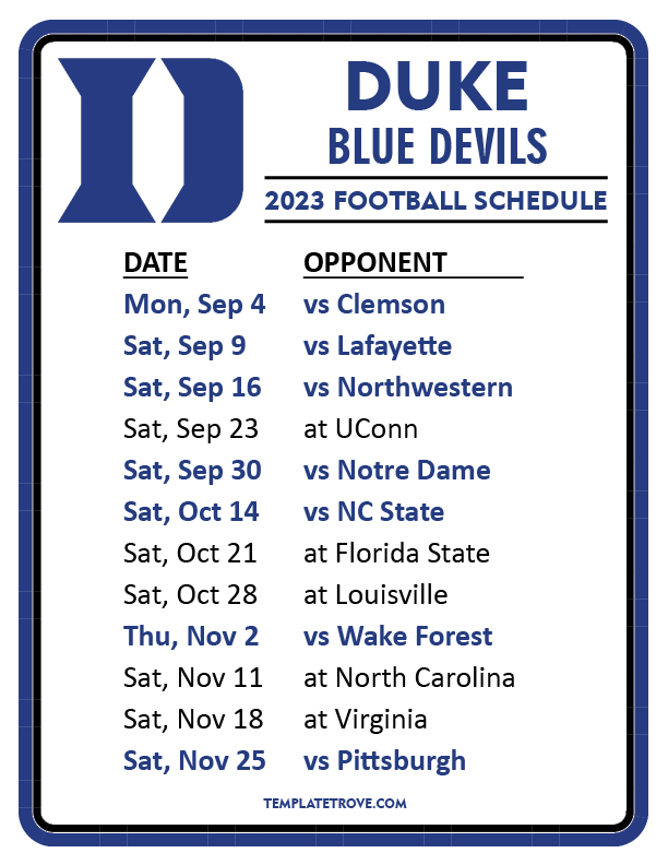 Printable 2023 Duke Blue Devils Football Schedule