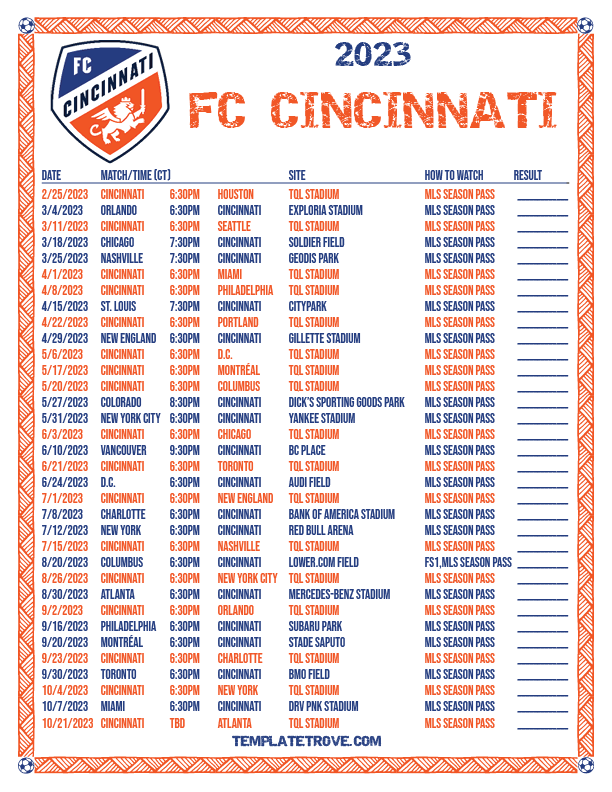 Printable2023 FC Cincinnati Soccer Schedule
