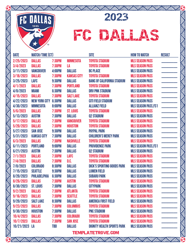 Printable2023 FC Dallas Soccer Schedule