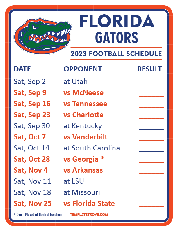Printable 2023 Florida Gators Football Schedule