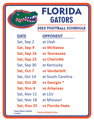 Florida Gators Football 2023 Printable Schedule