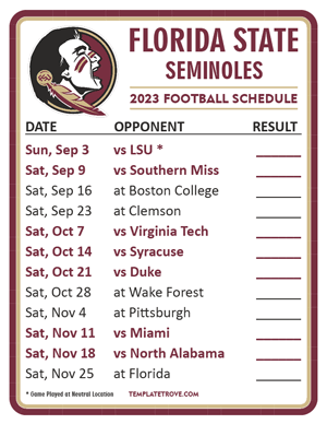 Florida State Seminoles Football 2023 Printable Schedule  - Style 2