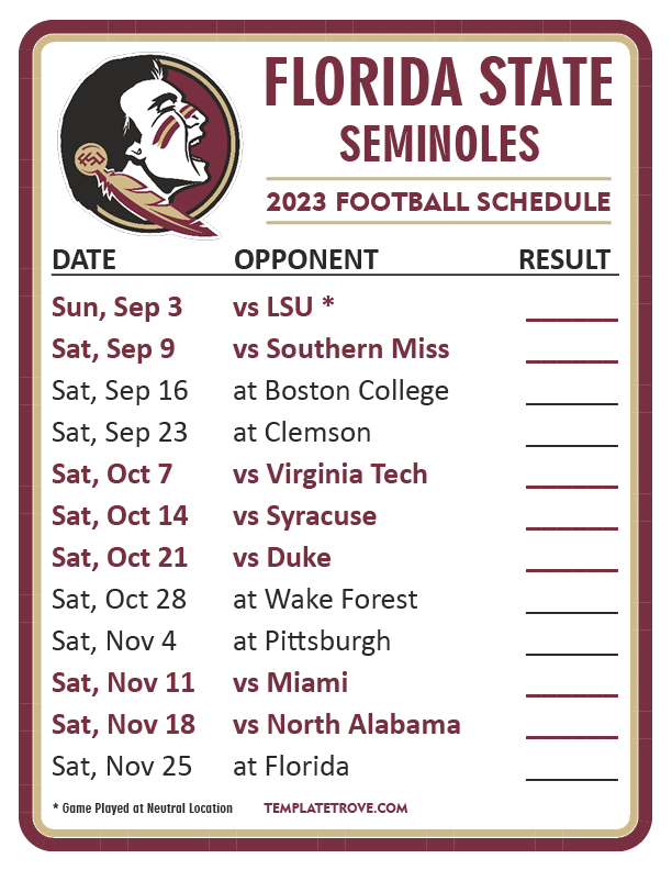 Printable 2023 Florida State Seminoles Football Schedule