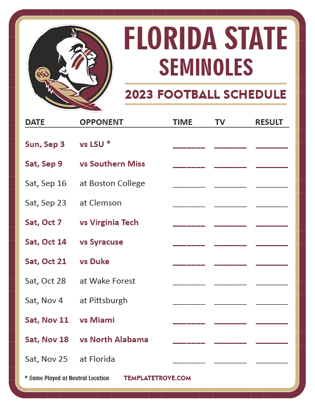 Printable 2023 Florida State Seminoles Football Schedule