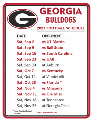 Georgia Bulldogs Football 2023 Printable Schedule