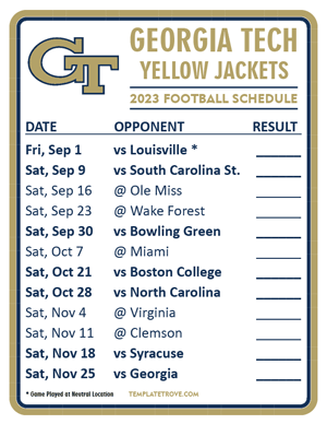 Georgia Tech Yellow Jackets Football 2023 Printable Schedule  - Style 2