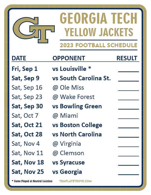 Printable 2023 Tech Yellow Jackets Football Schedule