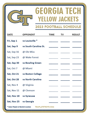 Georgia Tech Yellow Jackets Football 2023 Printable Schedule - Style 3