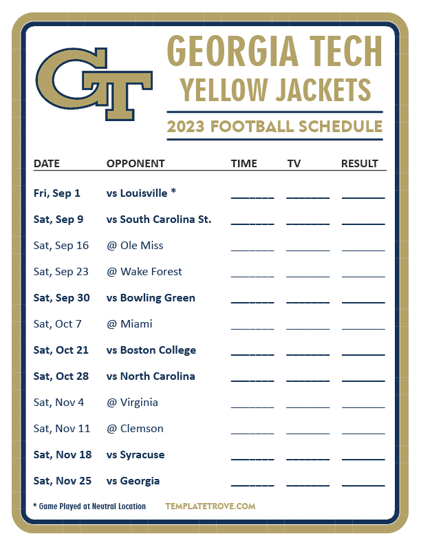 Printable 2023 Tech Yellow Jackets Football Schedule