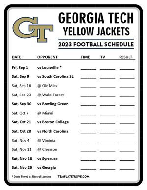 Georgia Tech Yellow Jackets Football 2023 Printable Schedule - Style 4