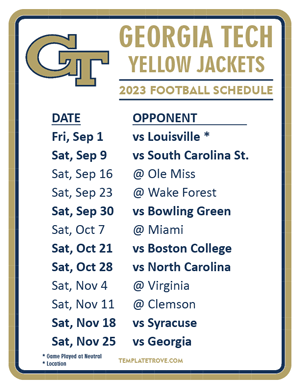 Georgia Tech Yellow Jackets Football 2023 Printable Schedule