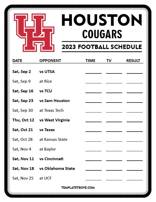 Printable 2023 Houston Cougars Football Schedule