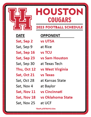 Houston Cougars Football 2023 Printable Schedule