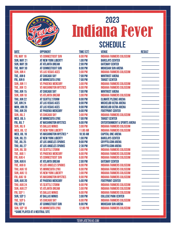 Printable 2023 Indiana Fever Basketball Schedule CT 