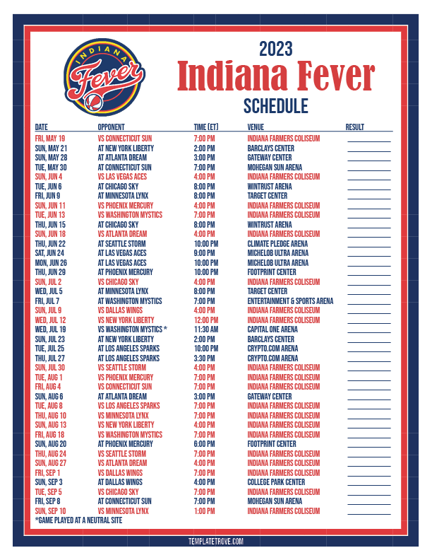 Printable 2023 Indiana Fever Basketball Schedule 