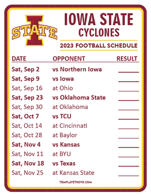 Iowa State Cyclones Football 2023 Printable Schedule  - Style 2