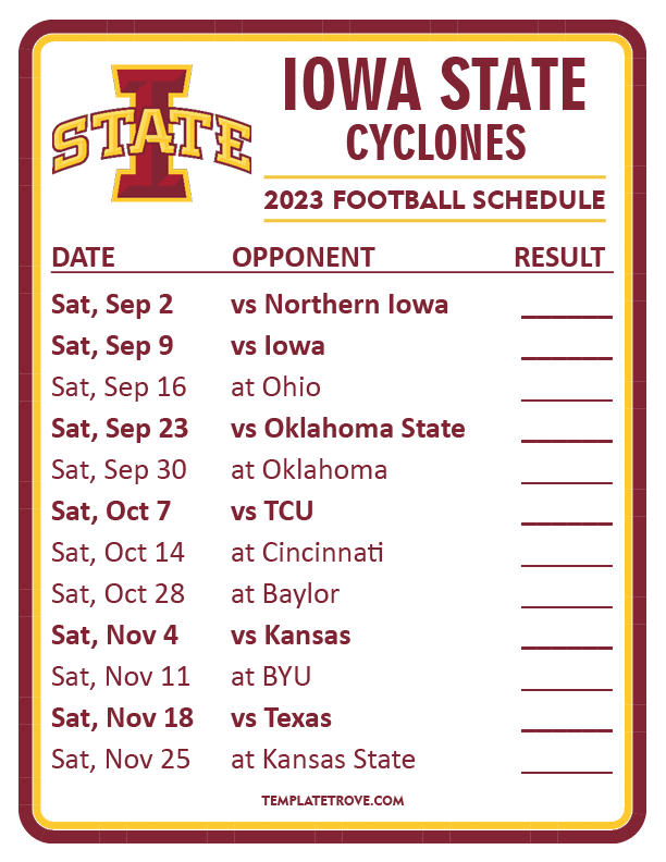 Printable 2023 Iowa State Cyclones Football Schedule