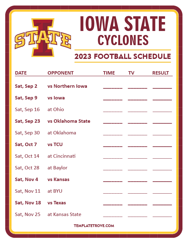Printable 2023 Iowa State Cyclones Football Schedule
