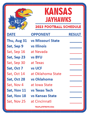 Kansas Jayhawks Football 2023 Printable Schedule  - Style 2