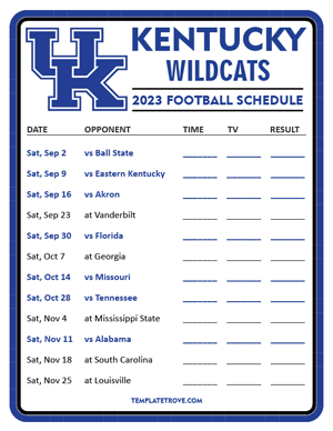 Kentucky Wildcats Football 2023 Printable Schedule - Style 3