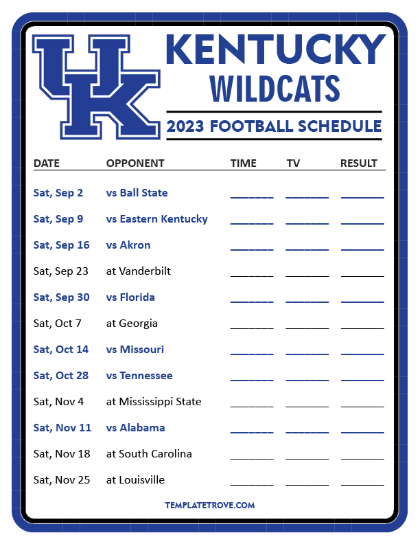 Printable 2023 Kentucky Wildcats Football Schedule
