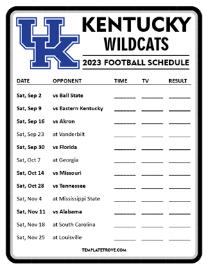 Kentucky Wildcats Football 2023 Printable Schedule - Style 4