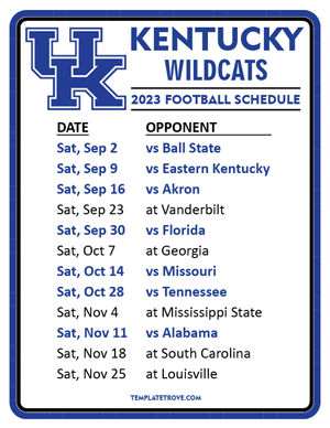 Kentucky Wildcats Football 2023 Printable Schedule