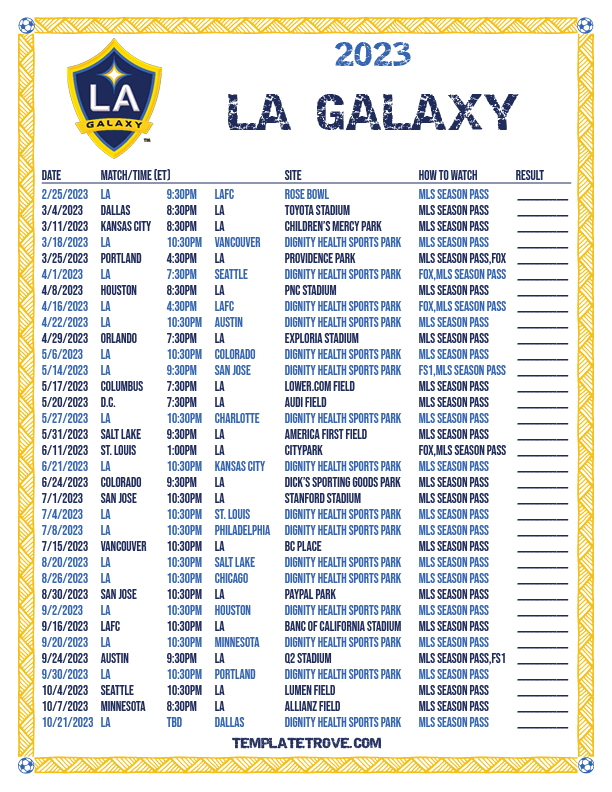 Printable2023 LA Galaxy Soccer Schedule