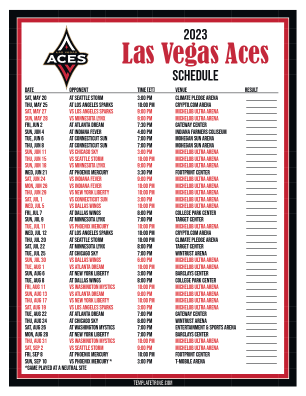 Printable2023 Las Vegas Aces Basketball Schedule